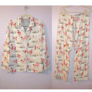 Nick & Nora Trailer Park Flamingo Pajamas Size L Flannel Top & Pants Holiday